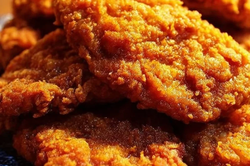 Golden crunchy fried chicken served on a plate, showcasing crispy texture.