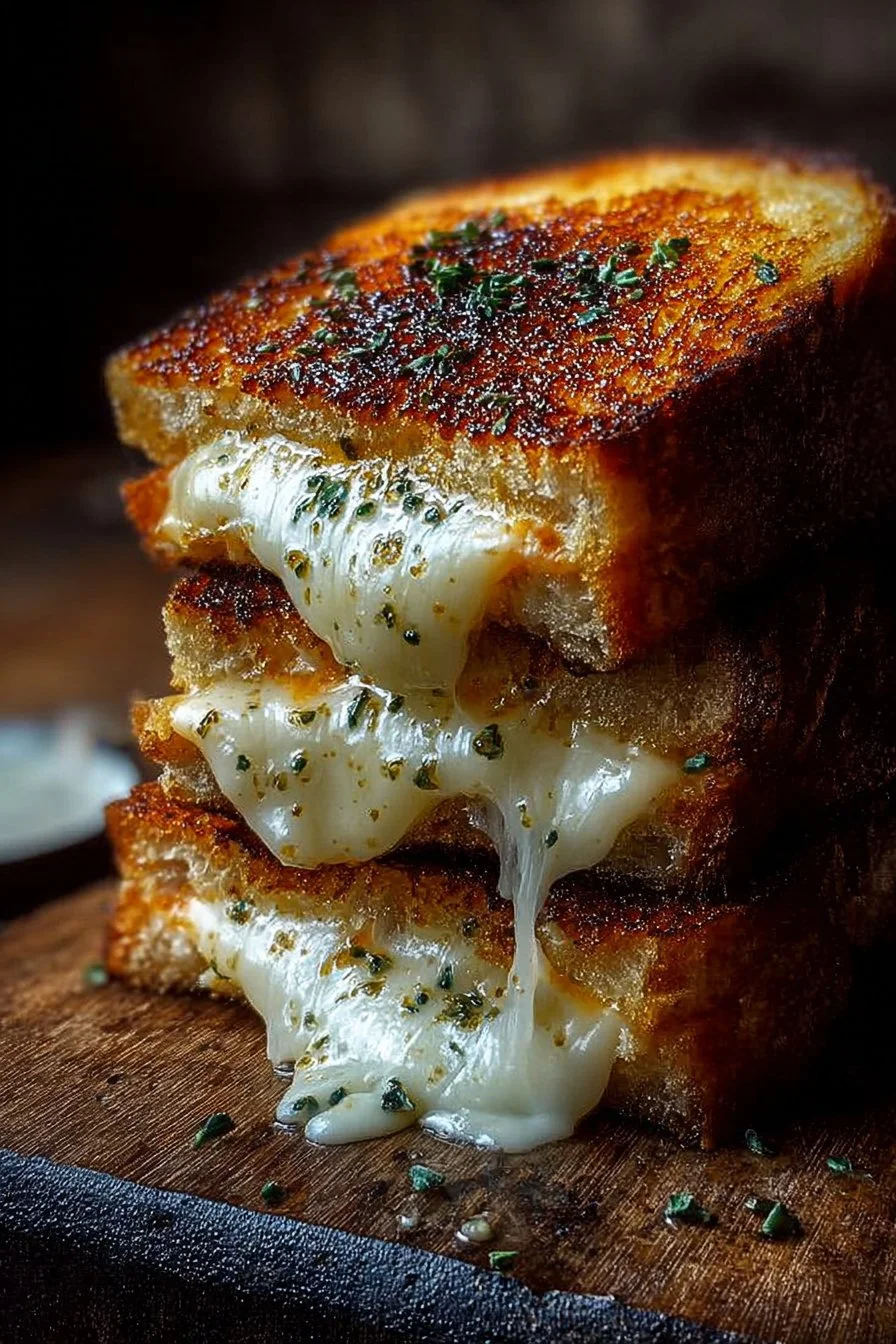 Delicious gourmet grilled cheese sandwich with melted cheese and artisan bread