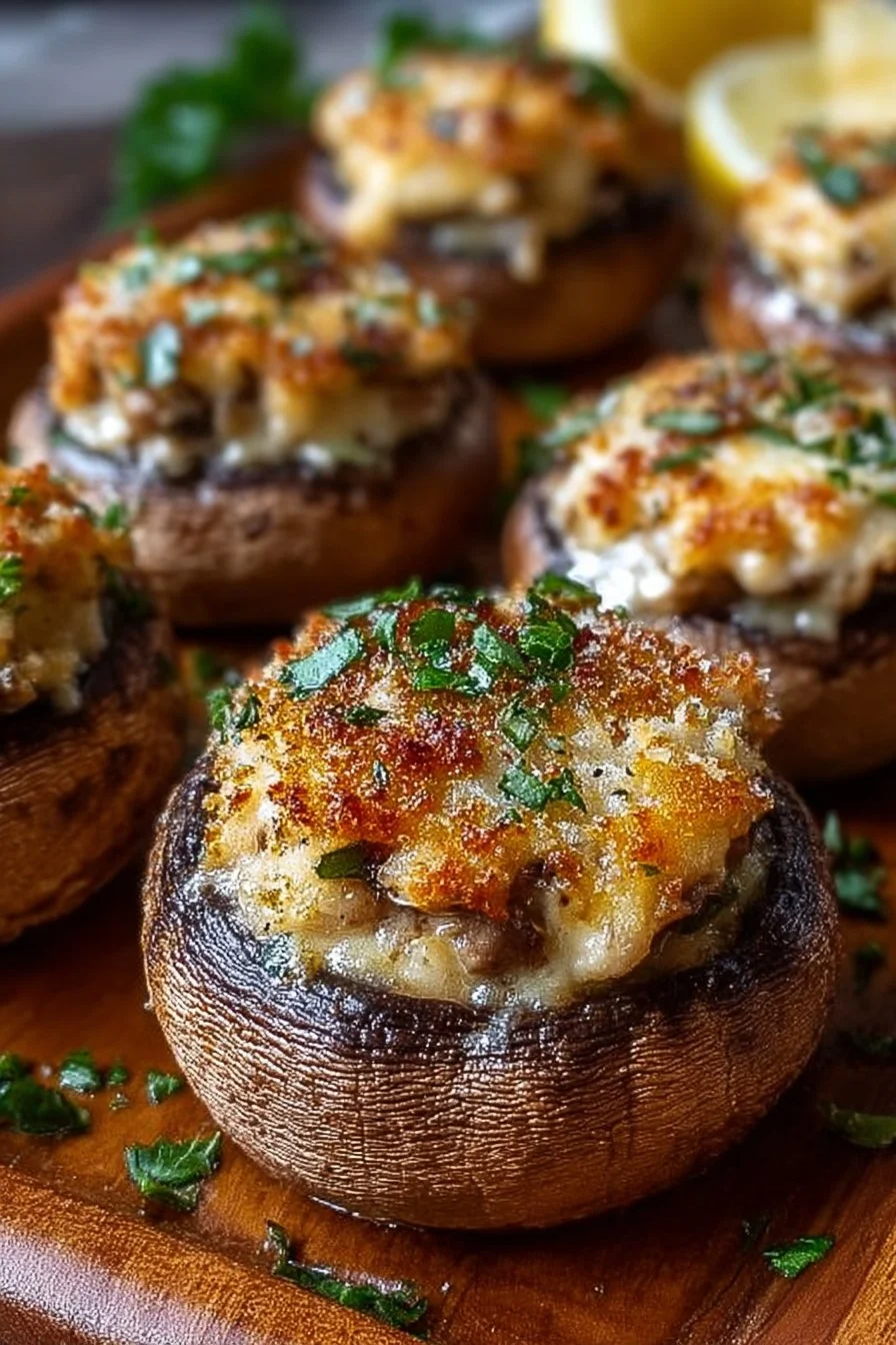 Gourmet stuffed mushrooms appetizer on a serving platter