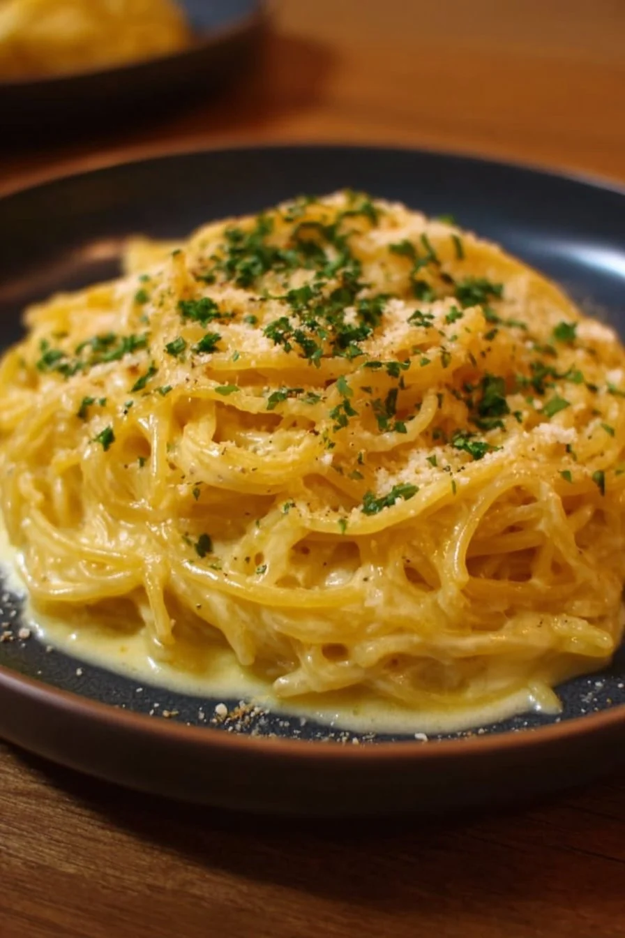 Healthy creamy spaghetti squash alfredo dish served with fresh herbs