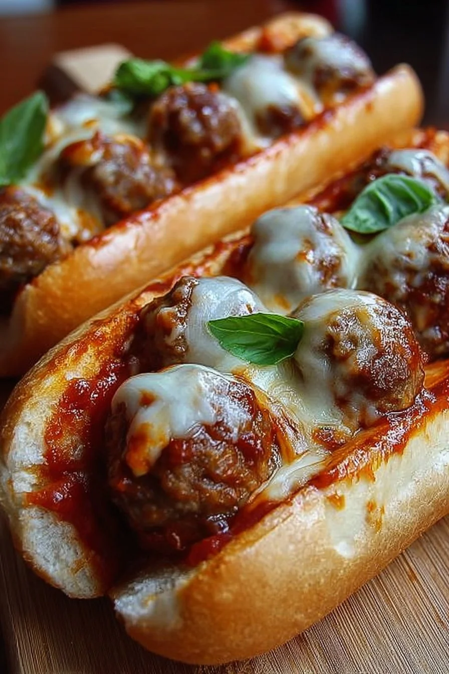 Deliciously stacked meatball subs topped with cheese and marinara sauce