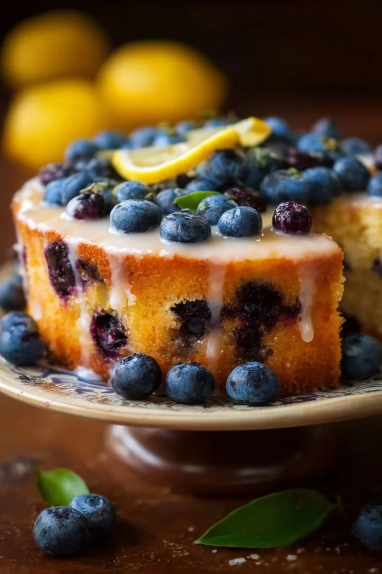 Lemon Blueberry Bliss Cake topped with fresh blueberries and lemon zest