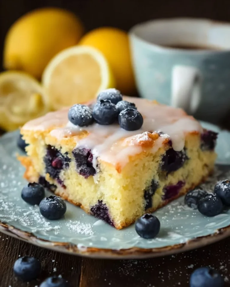 Delicious Lemon Blueberry Sheet Cake with frosting and fresh berries