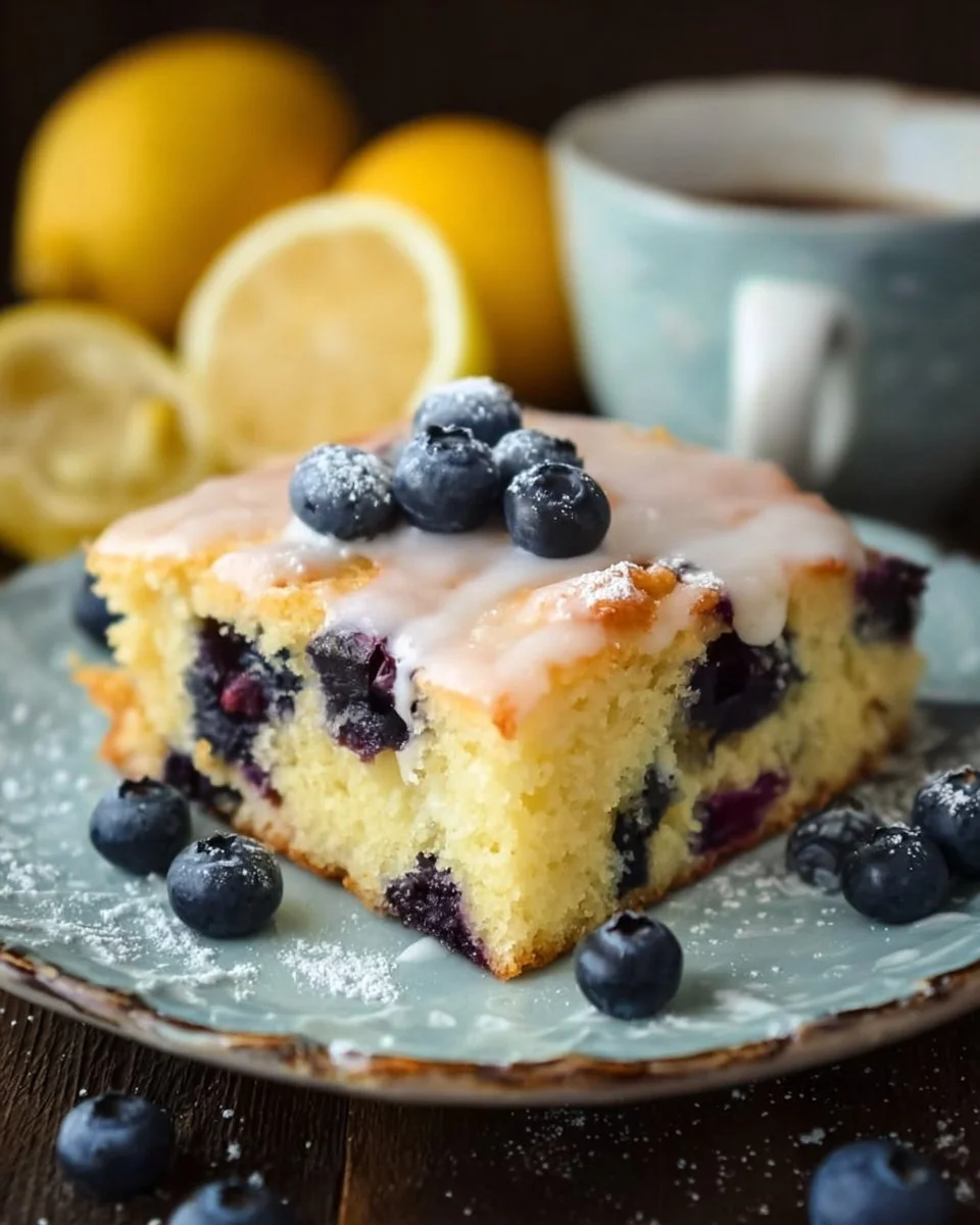 Delicious Lemon Blueberry Sheet Cake with frosting and fresh berries