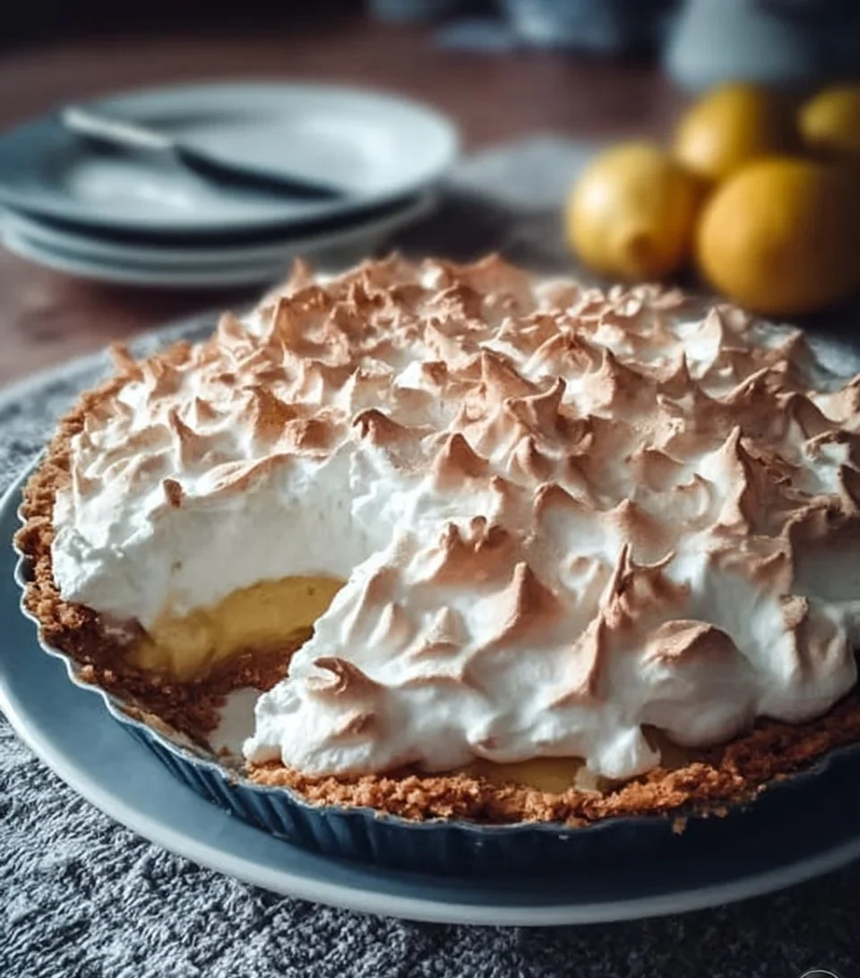 Delicious slice of homemade Lemon Meringue Pie with golden meringue topping.