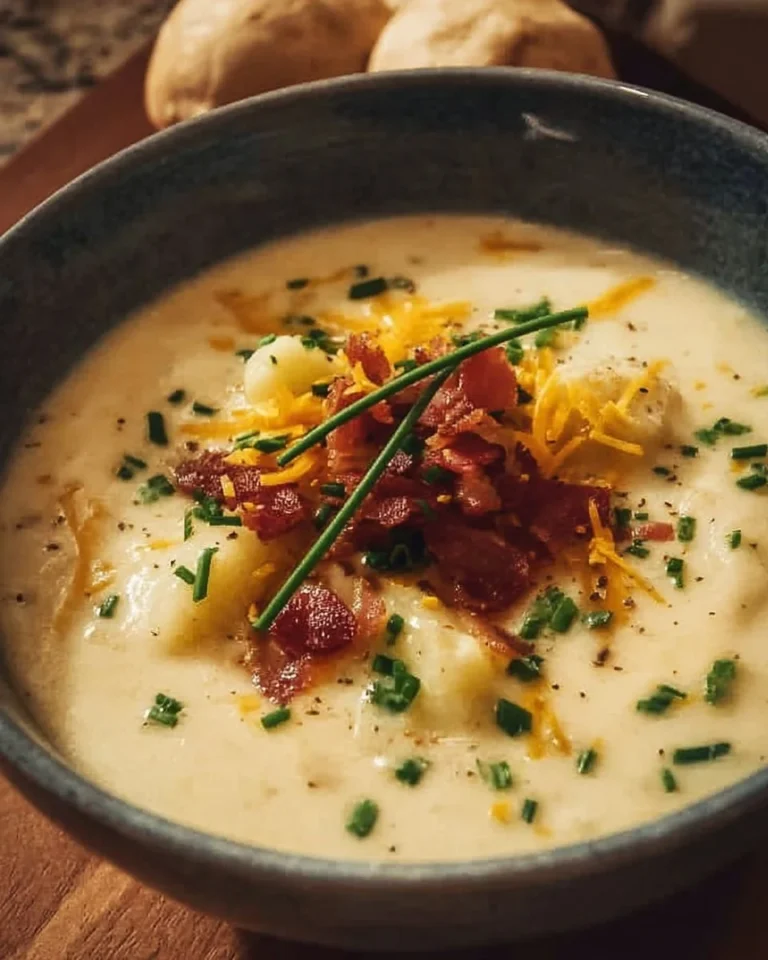 Delicious loaded baked potato soup topped with cheese and chives in a bowl