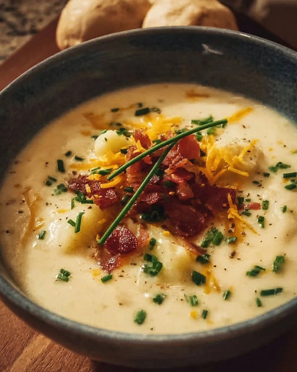 Delicious loaded baked potato soup topped with cheese and chives in a bowl