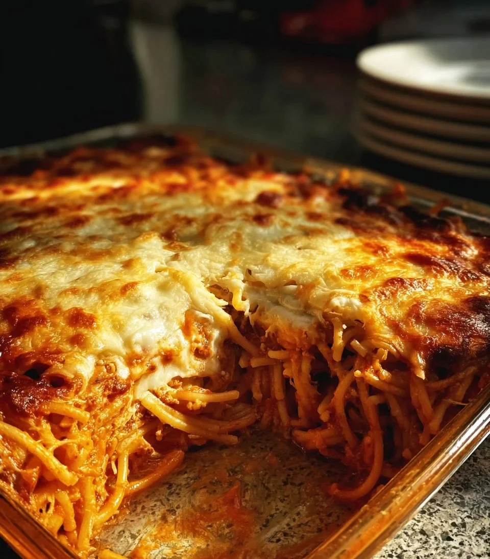 Delicious Million Dollar Spaghetti Casserole in a baking dish