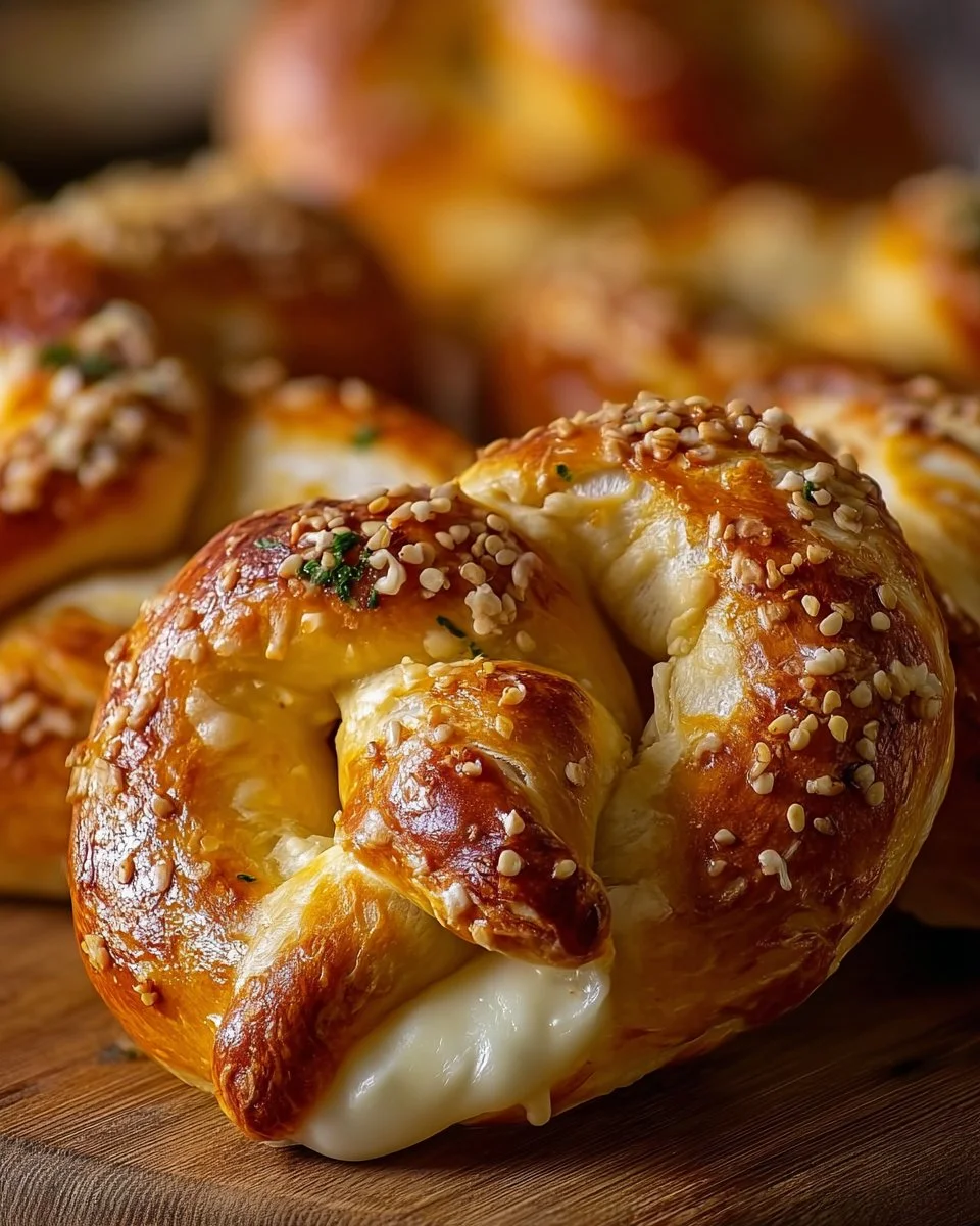 Delicious mozzarella stuffed soft pretzels, perfect for snacking or appetizers.