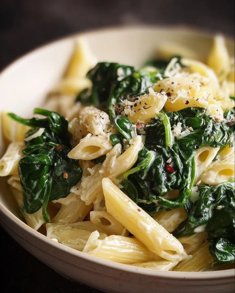 Delicious pasta dish with fresh spinach and savory sauce