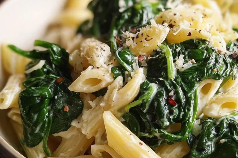 Delicious pasta dish with fresh spinach and savory sauce