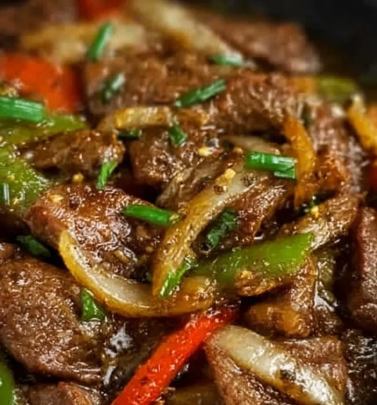 Delicious plate of pepper steak with tender beef and colorful bell peppers