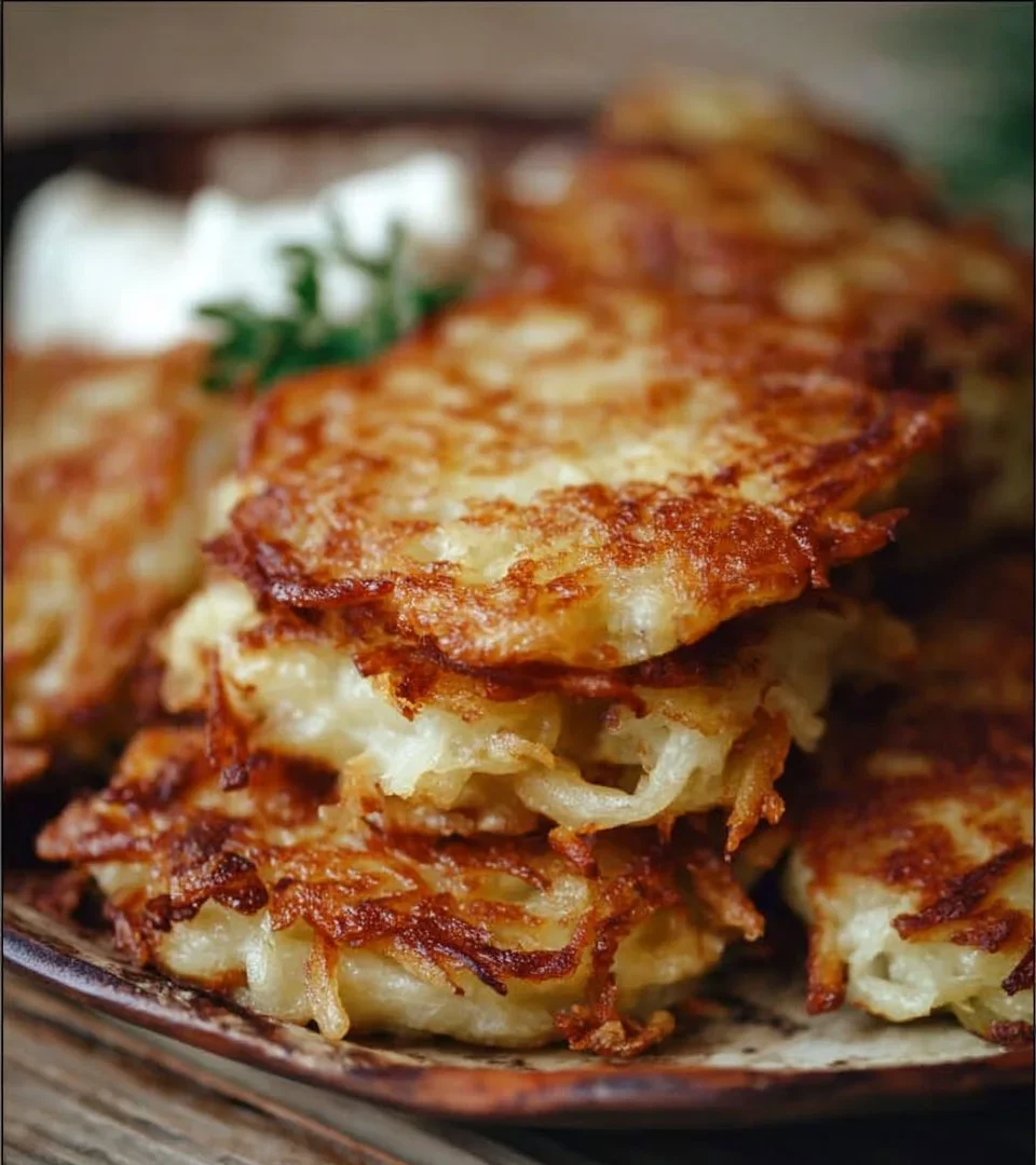 Delicious homemade potato pancakes served with sour cream and herbs