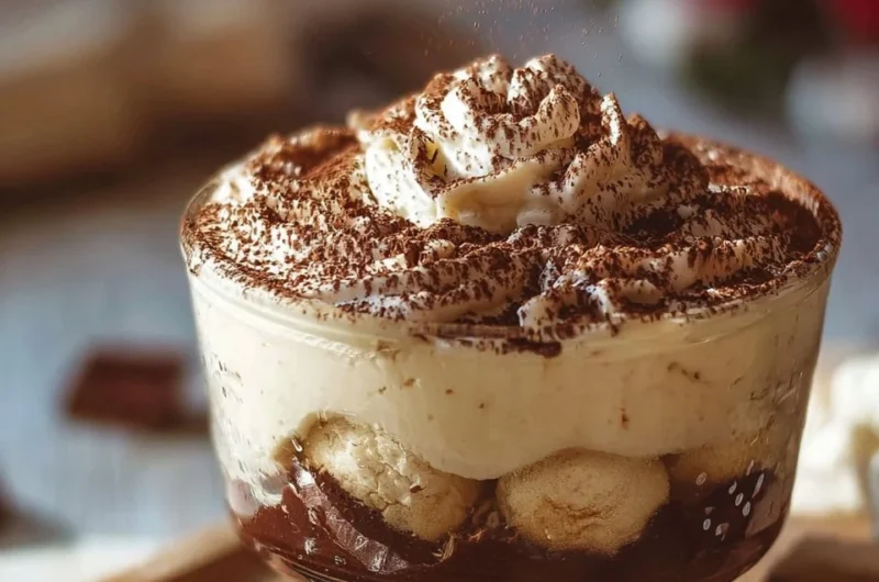 Protein Tiramisu Pudding dessert topped with cocoa and coffee flavor