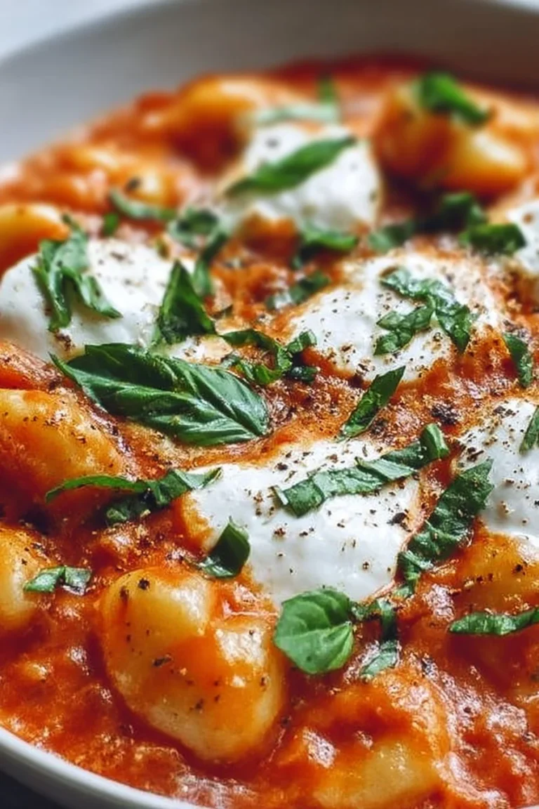 Delicious creamy tomato gnocchi topped with fresh burrata cheese