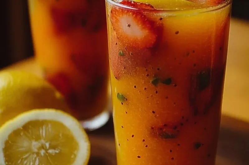 Glass of refreshing mango strawberry lemonade garnished with fresh fruit