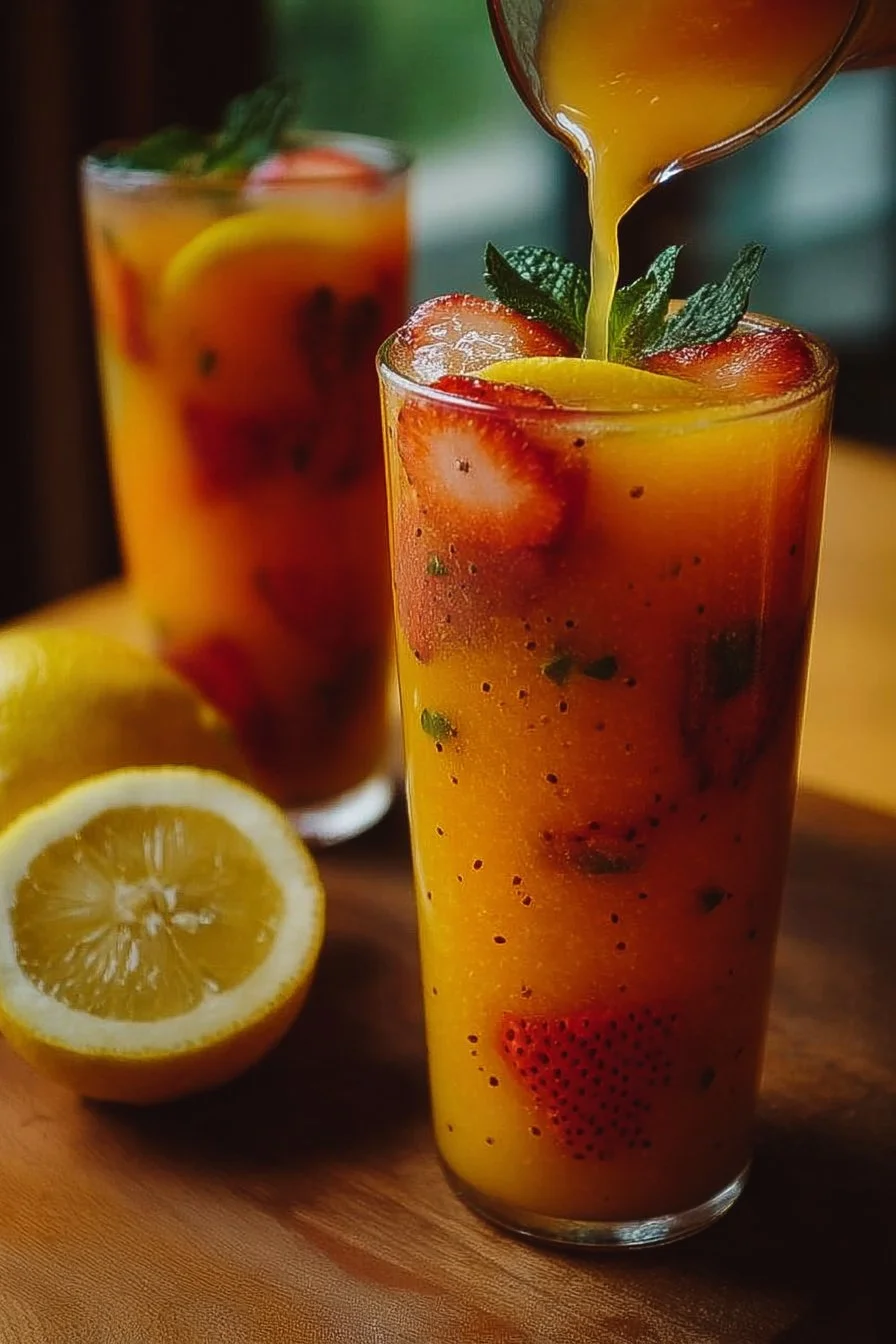 Glass of refreshing mango strawberry lemonade garnished with fresh fruit