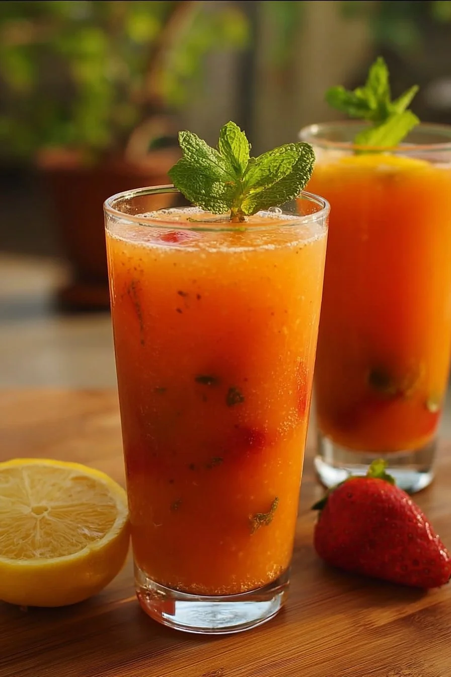 Glass of refreshing mango strawberry lemonade with fresh fruit decoration