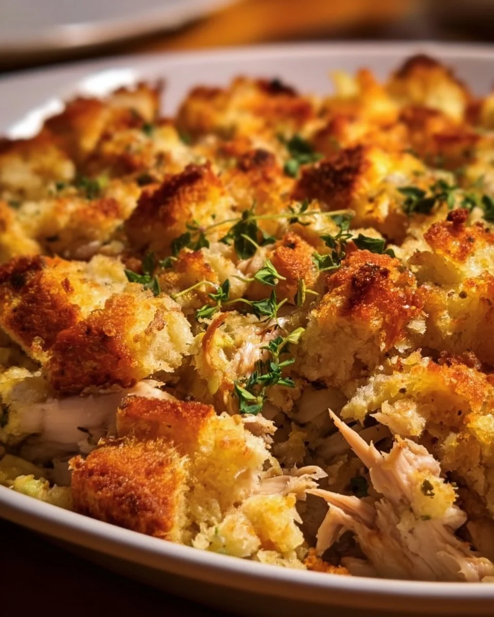 Rotisserie Chicken and Stuffing Casserole ready to serve in a baking dish