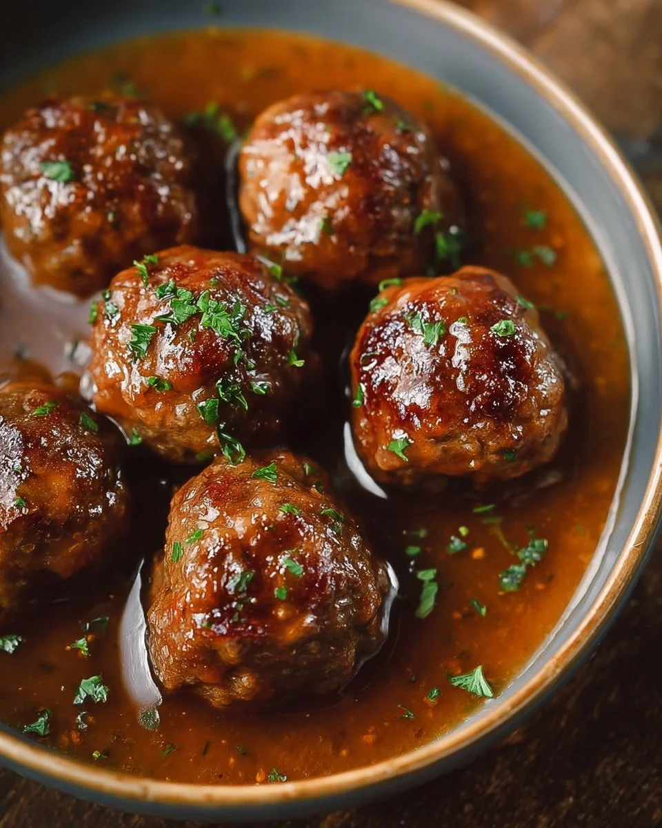 Delicious Salisbury Steak Meatballs served with creamy gravy and sides.