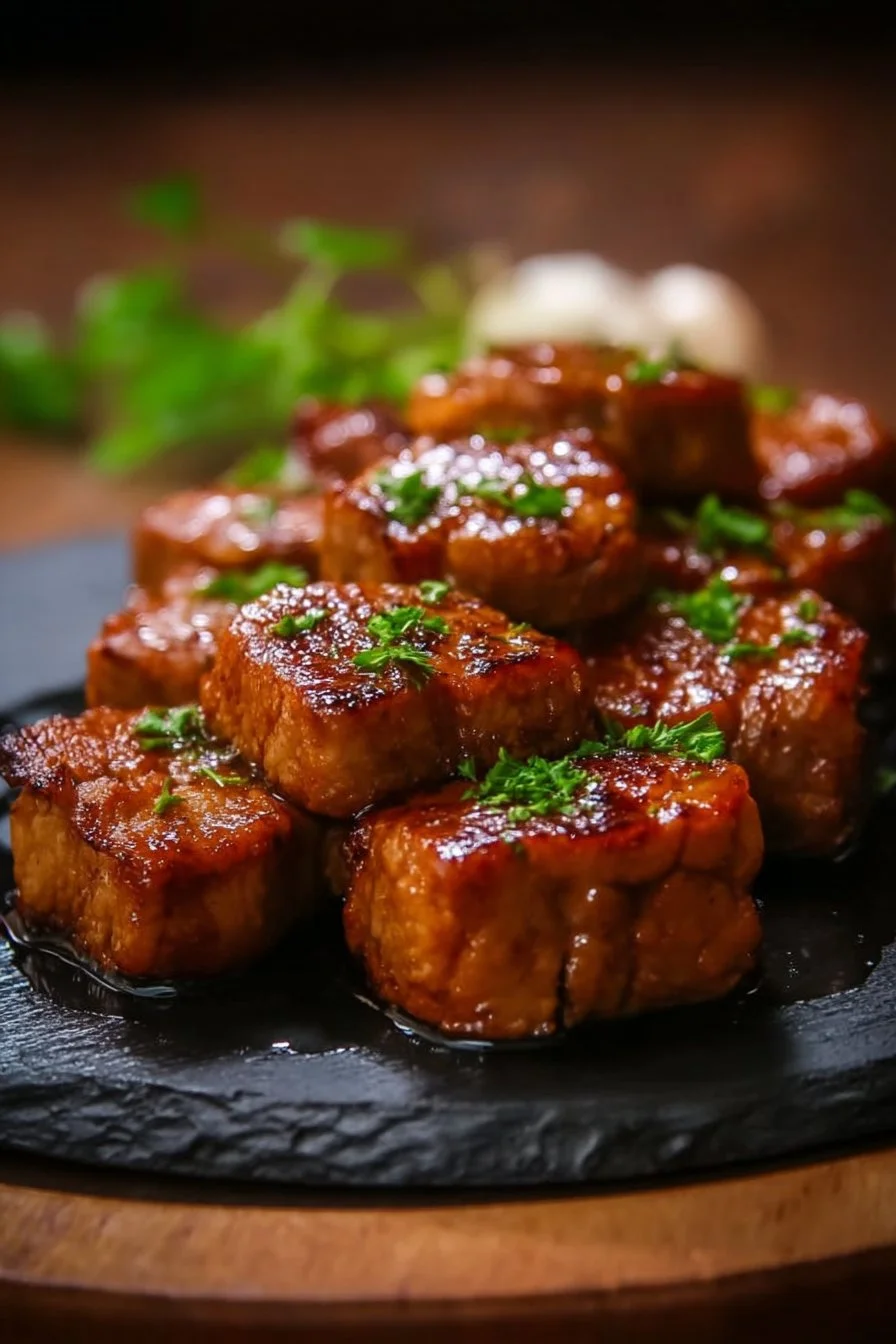 Plate of savory garlic pork bites, a delicious appetizer for any occasion.