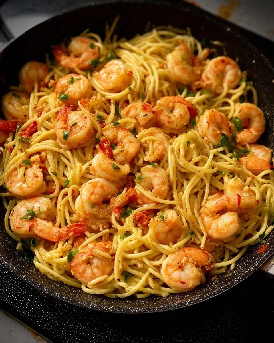Plate of shrimp and garlic pasta garnished with parsley