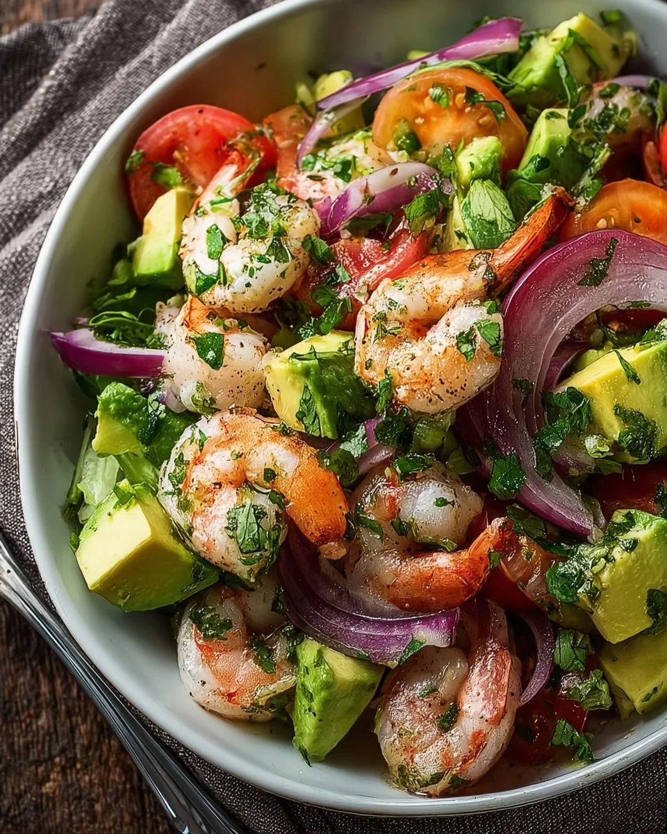 Fresh Shrimp Avocado Salad with vibrant greens and dressing