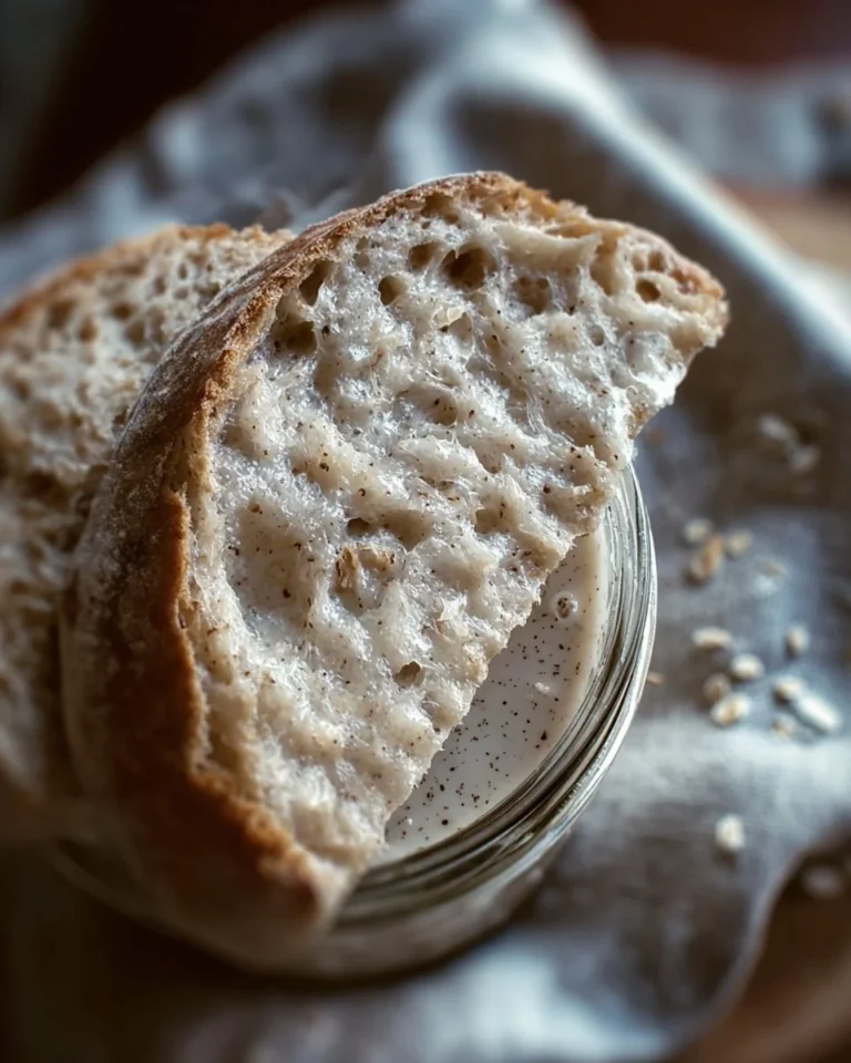 A healthy sourdough starter bubbling in a glass jar on a kitchen countertop.