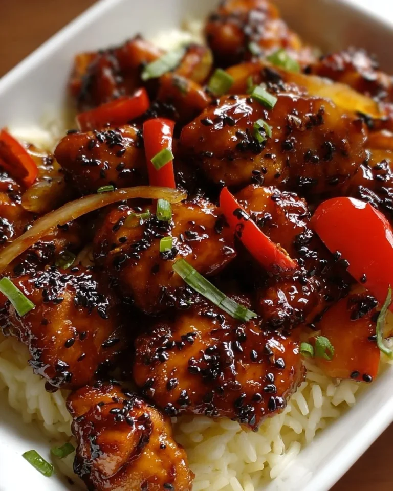 Plate of sweet and spicy honey pepper chicken garnished with herbs