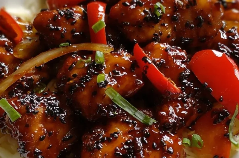 Plate of sweet and spicy honey pepper chicken garnished with herbs