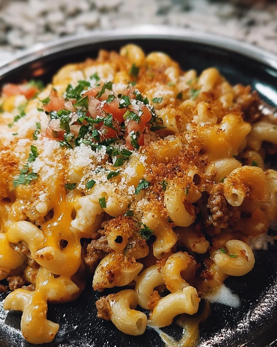 Bowl of Taco Mac and Cheese topped with cheese, herbs, and taco toppings