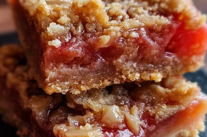 Deliciously tangy Rhubarb Bliss Bars on a wooden board