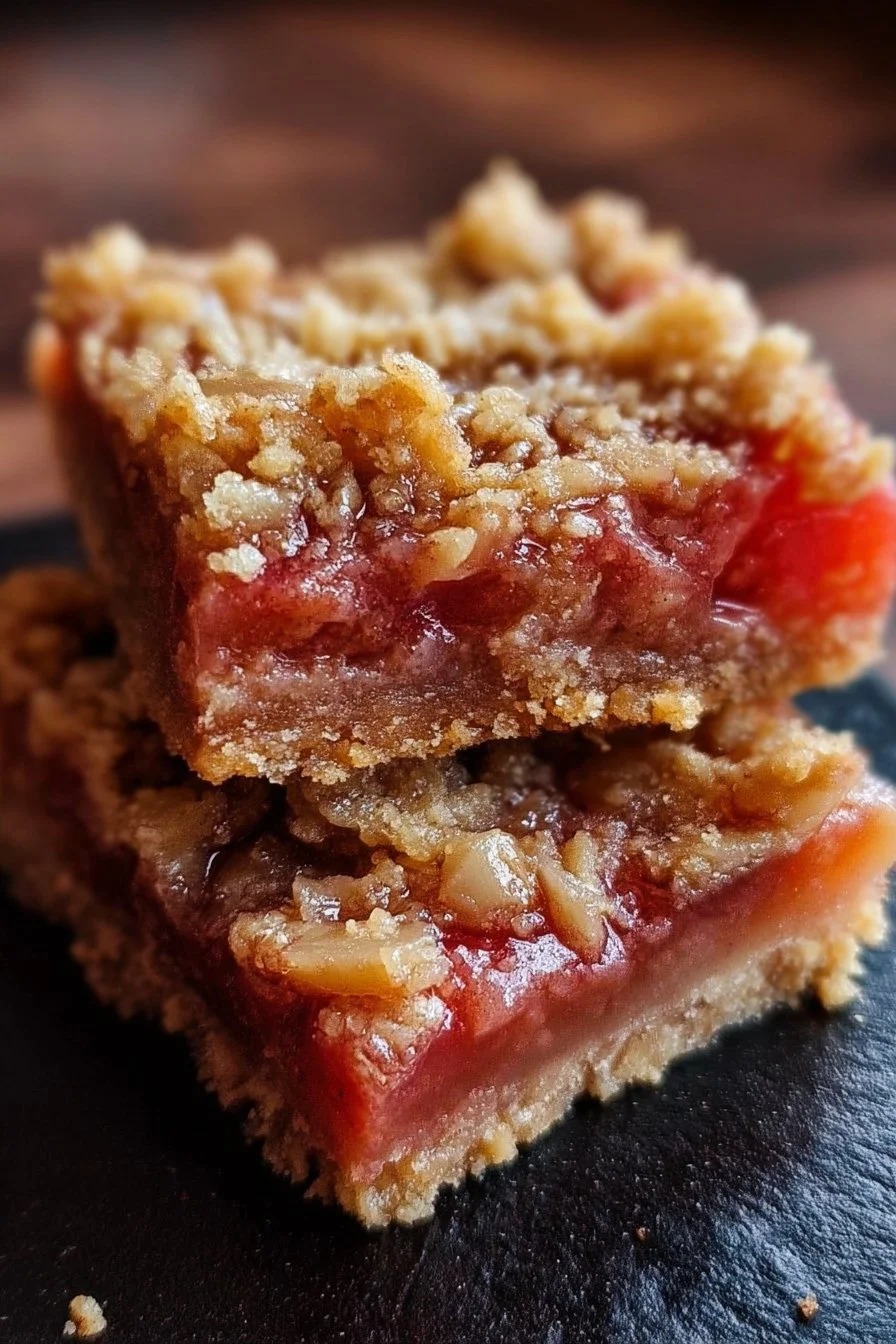 Deliciously tangy Rhubarb Bliss Bars on a wooden board