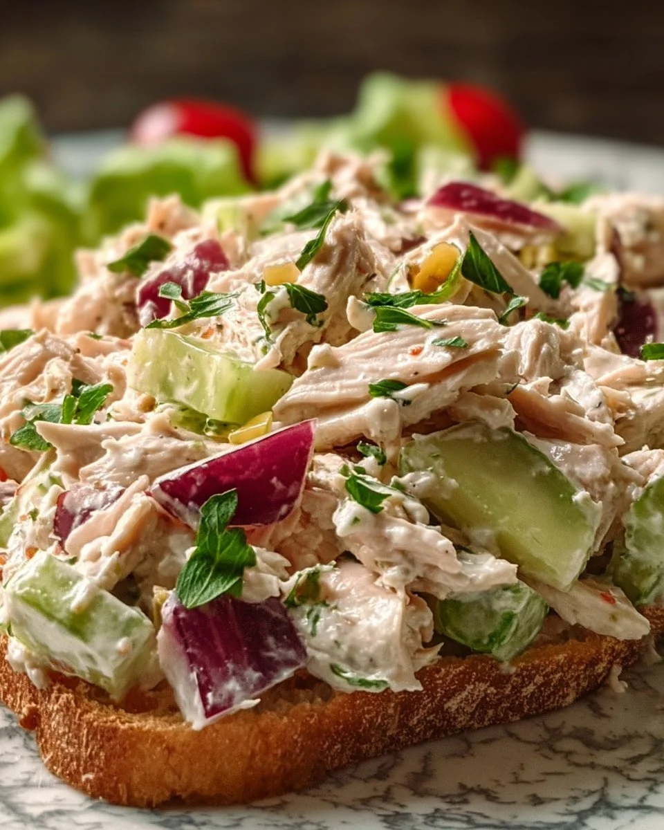 Delicious homemade chicken salad in a bowl with fresh ingredients.