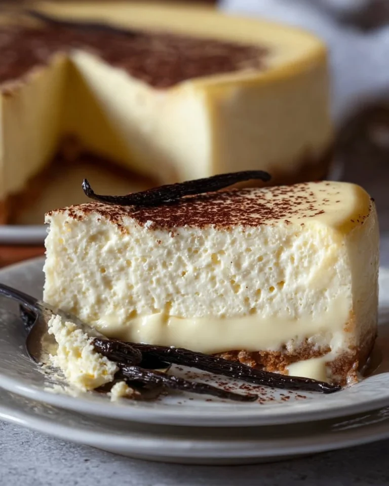 Slice of vanilla bean brown butter cheesecake on a white plate