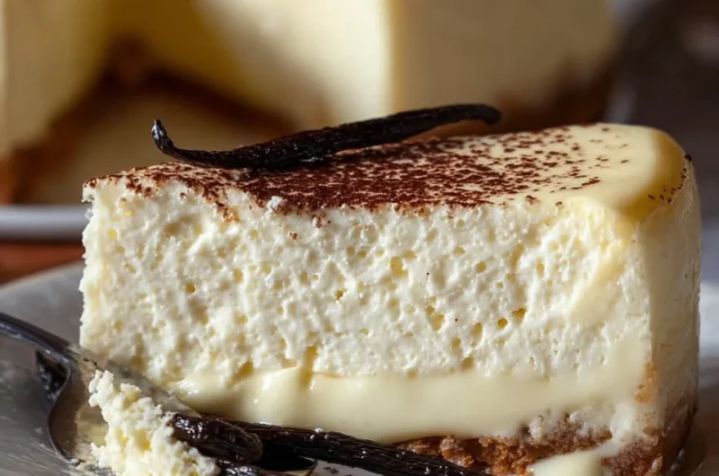 Slice of vanilla bean brown butter cheesecake on a white plate