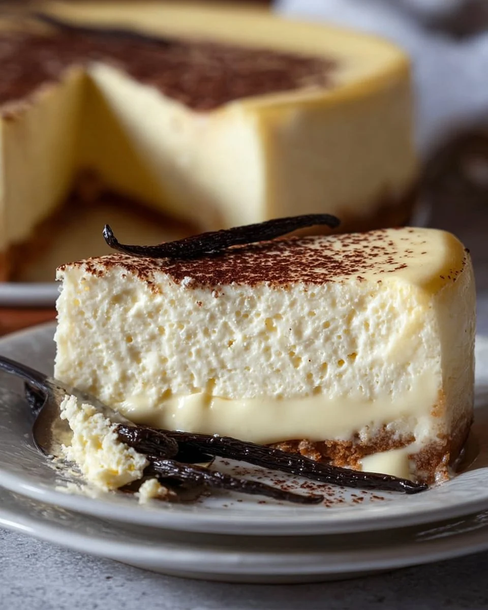 Slice of vanilla bean brown butter cheesecake on a white plate