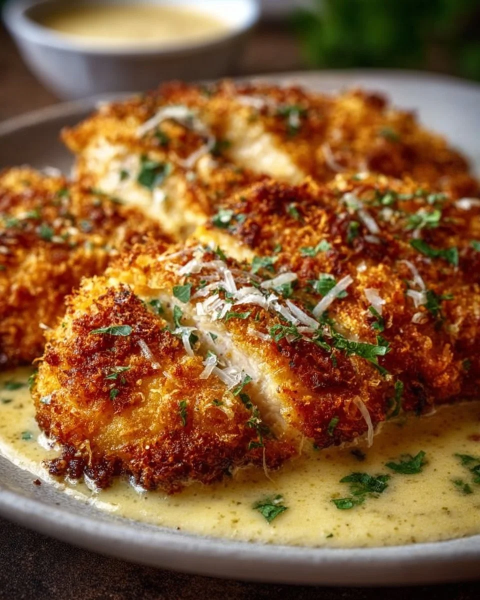 Air Fryer Parmesan Crusted Chicken topped with mayo, golden and crispy