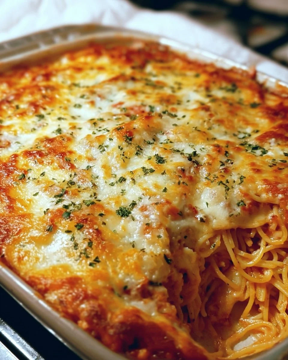 Delicious Baked Cream Cheese Spaghetti Casserole ready to serve.