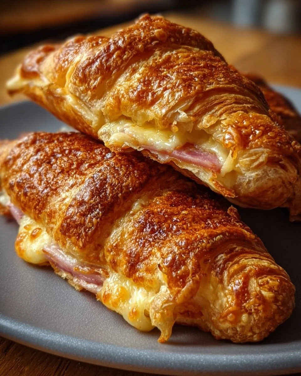 Baked ham and cheese croissants fresh out of the oven, golden and flaky