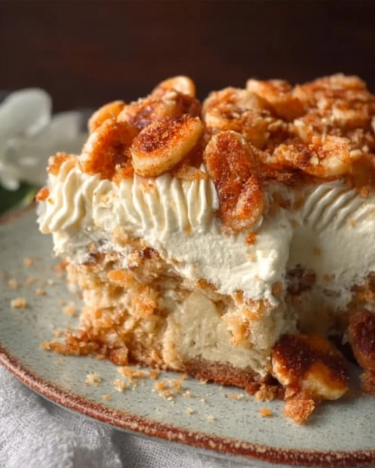 Delicious banana pudding cake topped with whipped cream and banana slices