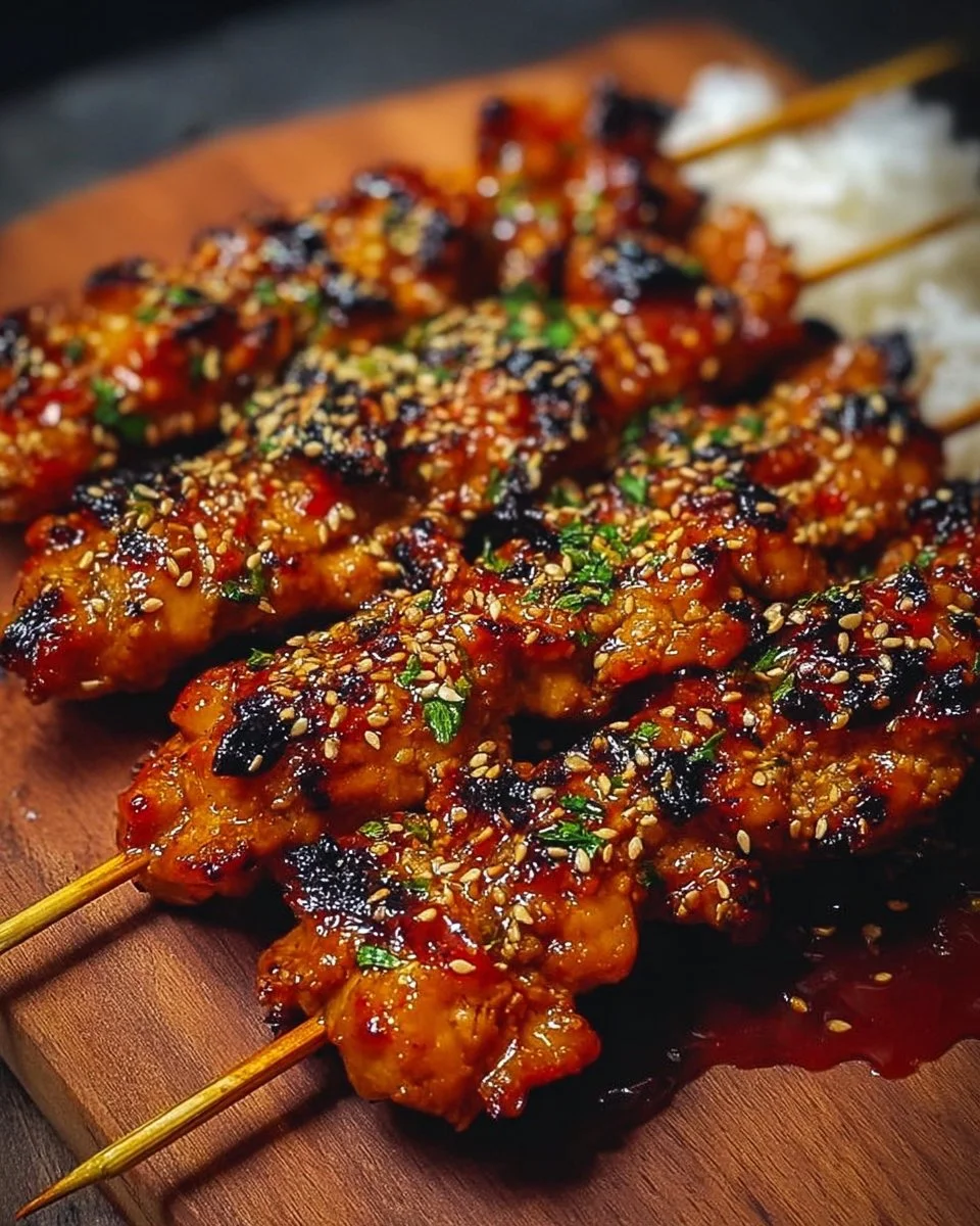Delicious Bang Bang Chicken skewers served on a plate with dipping sauce.