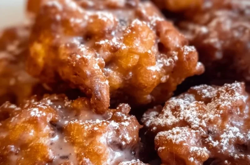Delicious apple fritters served on a plate with a dusting of powdered sugar.
