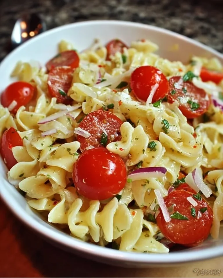 Colorful and delicious pasta salad with fresh vegetables and dressing