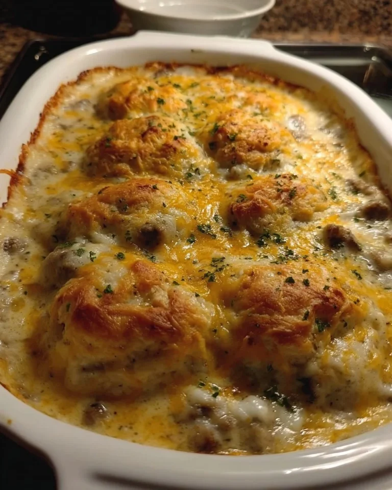 Delicious biscuits and gravy casserole topped with creamy sauce and herbs.