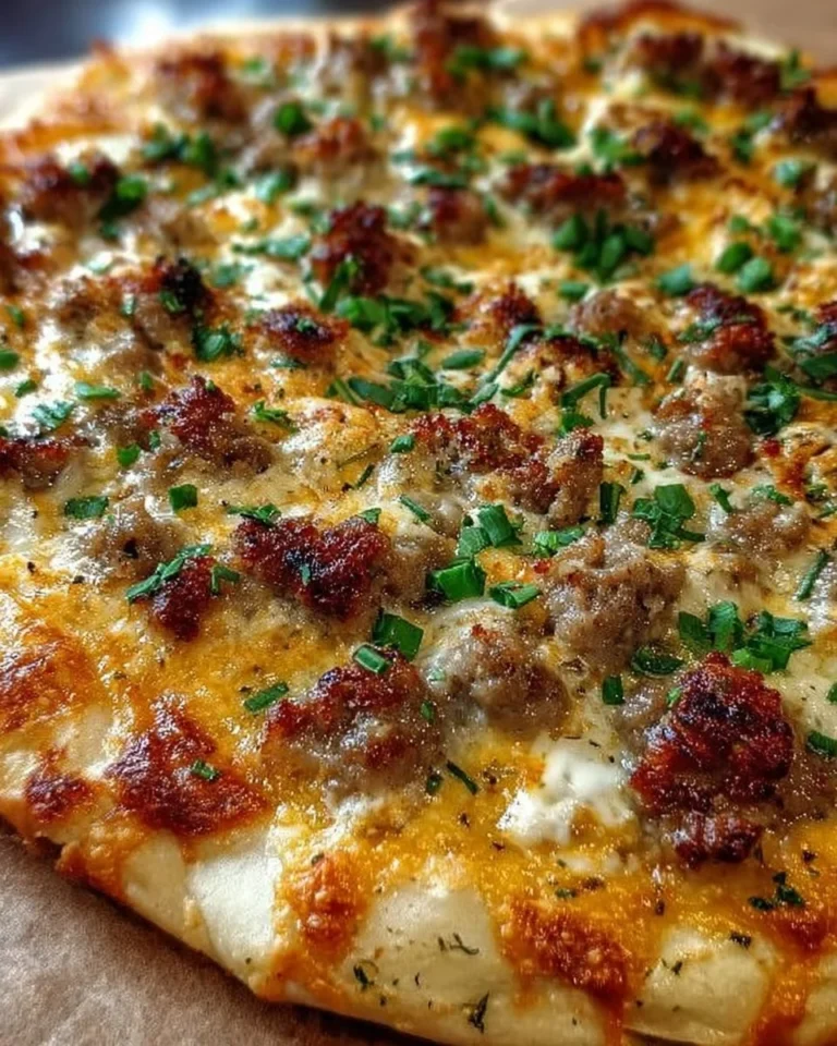 Delicious Biscuits and Sausage Gravy Breakfast Pizza topped with melted cheese