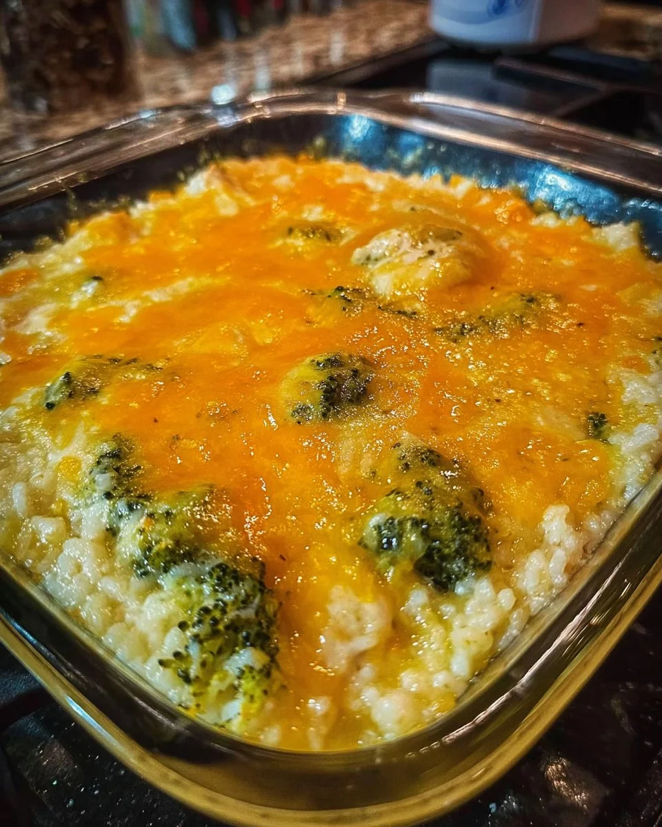 Broccoli rice casserole with chicken and cheese baked to perfection