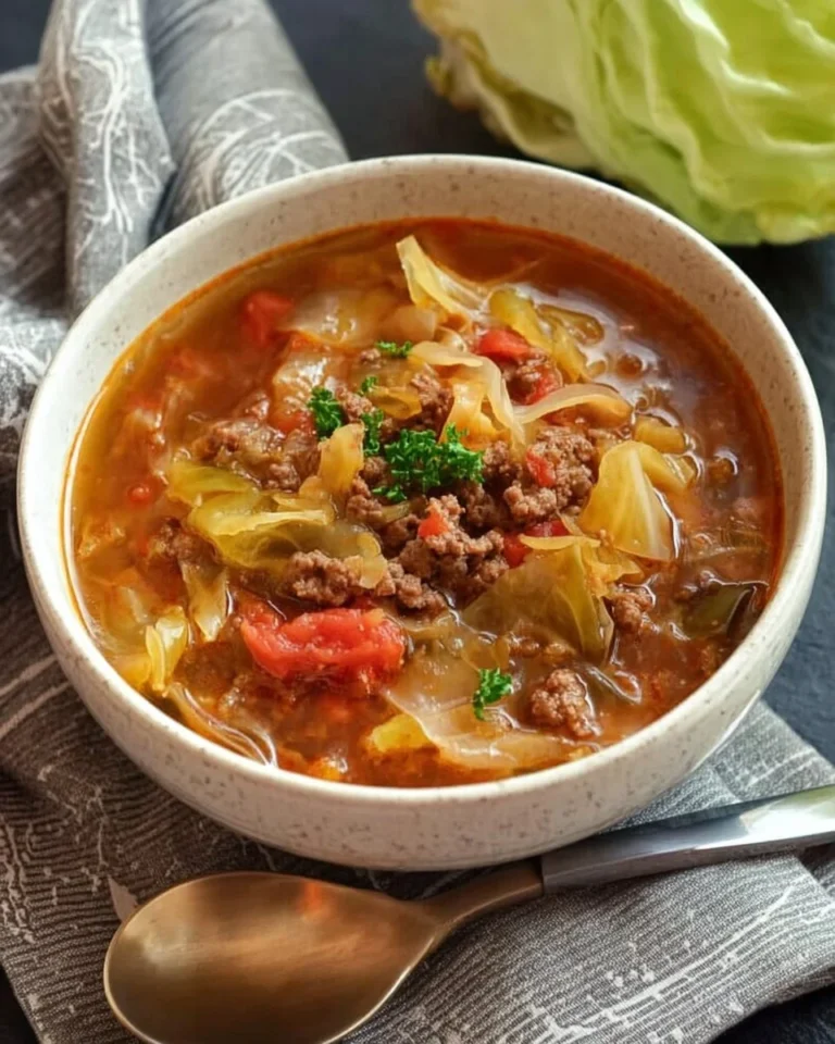 Delicious cabbage soup with hamburger served in a bowl