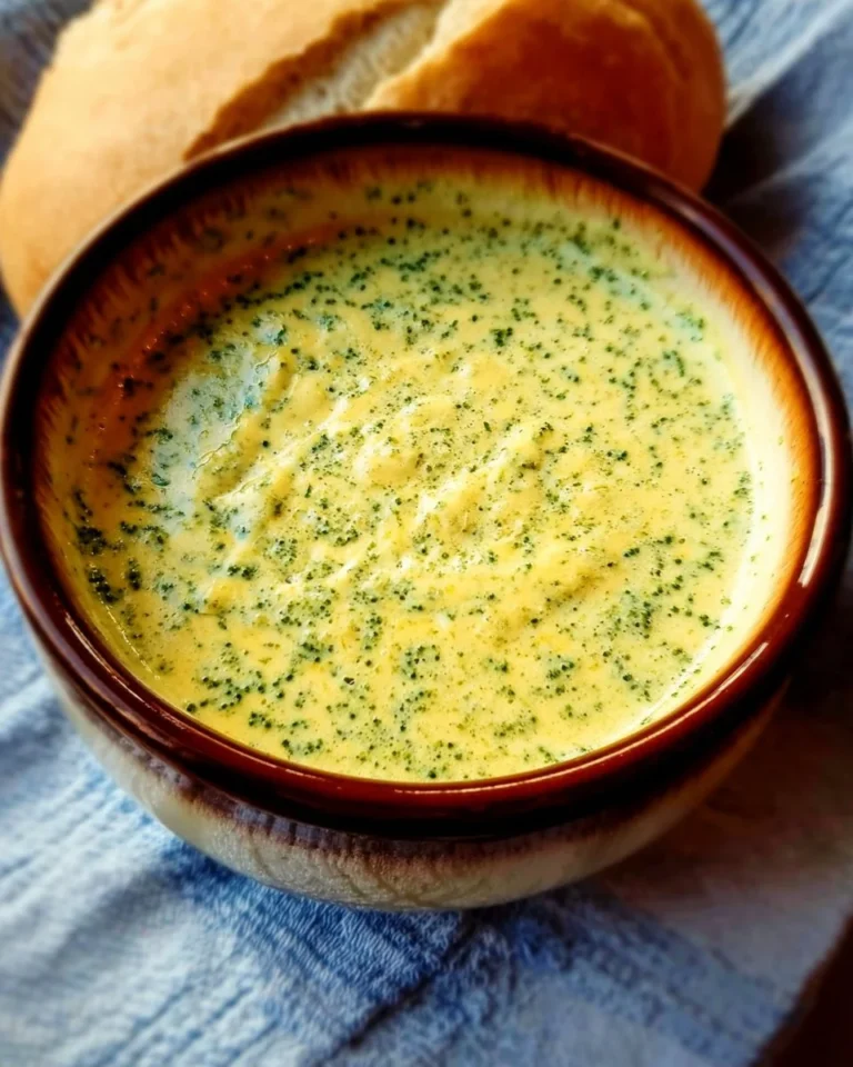 Bowl of cheesy broccoli soup garnished with herbs and cheese