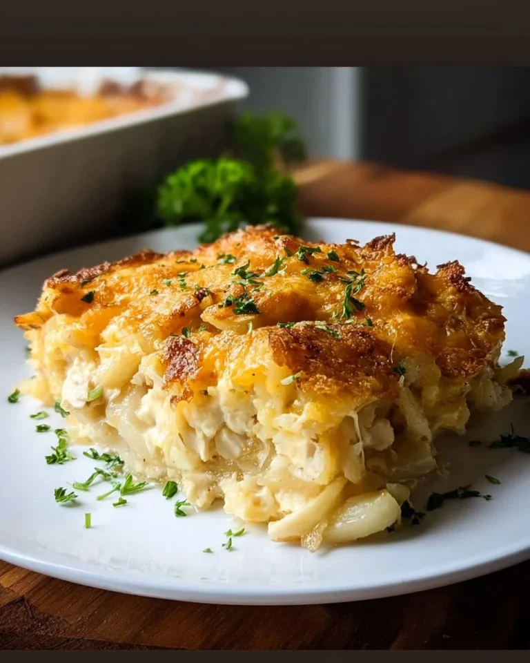 Delicious Cheesy Chicken and Hashbrown Casserole baked to perfection